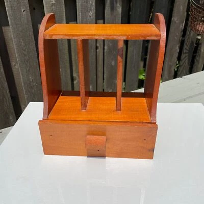 9" Wood Portable Hand Crafted Desk Organizer w drawer Vintage - Image 1 of 4