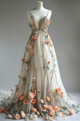 Vintage Light Champagne Wedding Dresses with 3D Roses A Line Boho Bridal Gowns* - Image 1 of 4