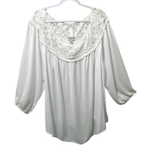 Avenue Sheer Flowy White Blouse 3/4 Sleeves, Crochet Lace Neck, Size 26 / 28 NWT - Picture 1 of 9