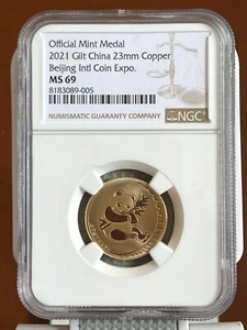 Shanghai Mint 2021 Beijing Coin Expo Gilt-brass panda medal NGC MS69,China coin - Picture 1 of 2