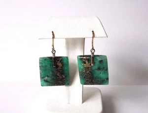 Colombian Emerald Earrings Cabochon Square Shape 18K Gold & Silver - Picture 1 of 12