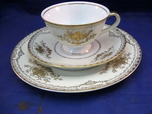 MEITO CHINA TEA CUP, SAUCER & SANDWICH PLATE - CREAM COLOR & GOLD EMBELISHMENTS - Picture 1 of 12