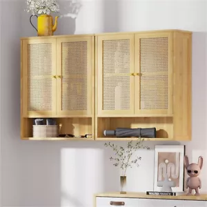 Hängeschrank Holz Küchenschrank Badezimmerschrank Rattan 2 Tür Bad Wandschrank - Bild 1 von 12