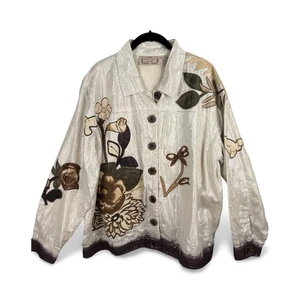 Life Style Damen Jacke mit Blumenapplikation Größe 1X Boho Creme Metallic Schimmer - Bild 1 von 10