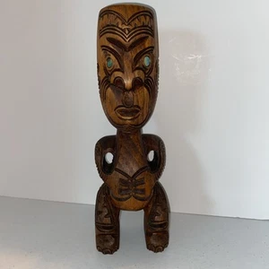 New Zealand Maori Tiki Te Koteko Hand Carved Figure Wood God Paua Shell Eyes Vtg - Picture 1 of 14