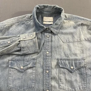 J.Crew Camicia Denim Donna 6 Blu Western Perla Snap Manica Lunga Chambray - Foto 1 di 12
