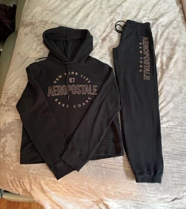 Aeropostale Black Pullover Hoodie & Jogger Sweatpants Set Jogging Suit S & XS - Picture 1 of 11