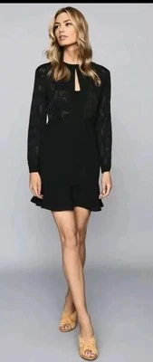 Reiss Pippa Black Burnout Detail Long Sleeve Mini Dress. Sz 8 - Image 1 of 4