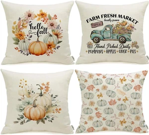 Set 4 Copricuscini Autunno 18 X 18 Copricuscini in Lino con Camion Zucca Blu - Foto 1 di 7