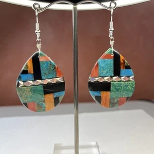 Sterling Silver Multistone Inlay Earrings - Picture 1 of 9