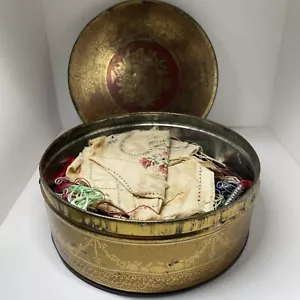 Vintage Embroidery Tin Full of Floss Needles Fabric Pattern Grandmas Sewing Kit - Picture 1 of 12