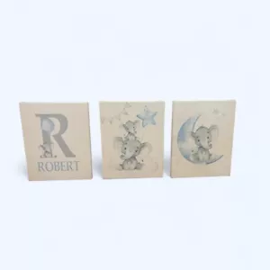 Baby Nursery Canvas Set of 3, Baby Elephants, Grey & Blue Theme on White Canvas - Picture 1 of 4