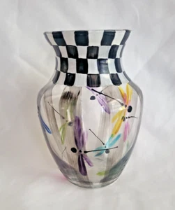 Jarrón de vidrio artístico firmado Kelly Paulk libélulas a cuadros pintado a mano 1997 - Imagen 1 de 5