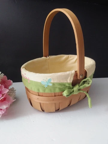 SPRING Basket Wood Slat Easter Fabric Lined Butterfly Country Rustic Fold Handle Cover