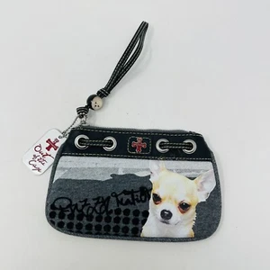 NEW Out Of The Cage Chihuahua Dog Wristlet Zip Purse Gray Black Fabric Vegan - Picture 1 of 14