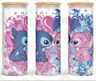 Frosted Glass  Stitch and Angel Kisses Blue and Pink Splash Cup Tumbler 25 oz