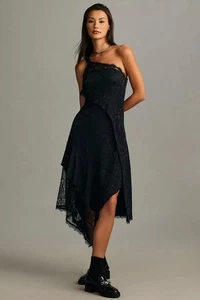 Anthropologie asymmetrisches Spitzen-Maxikleid Größe 8 schwarz eine Schulter neu ohne Etikett - Bild 1 von 9