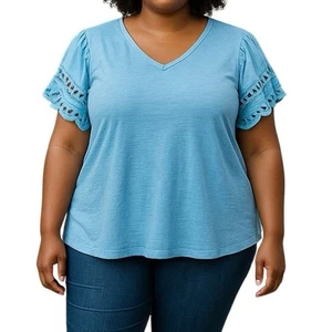 Cure Top Bluse Damen Übergröße 3X Blau Rüschen Kurzarm Neu Freizeit Baumwolle - Bild 1 von 8