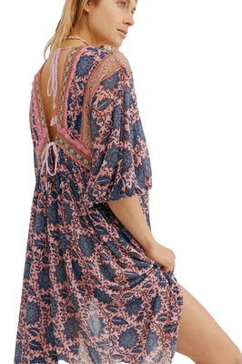 FREE PEOPLE Moon Child Flowy Crochet Lace Tunic Dress Coverup M fits L XL Pink - Image 1 of 4