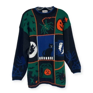 HOT CASHEWS Vintage Halloween Sweater Grannycore Knit Spider Cat Pumpkin Large - Picture 1 of 13