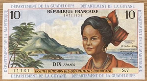 FRENCH ANTILLES 10 francs ND (1964) P#8b XF - Picture 1 of 2