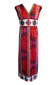 VTG Wilroy traveller NY Satin Print Handmade Maxi Dress RED Abstract 70s Groovy - Picture 1 of 14
