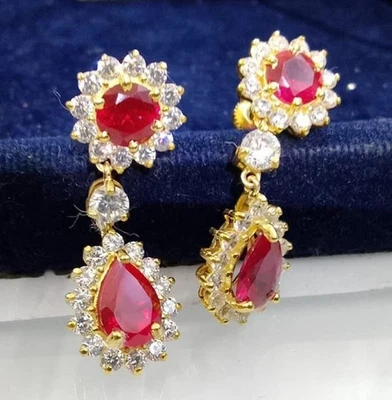 2 Ct Round Cut Lab-Created Ruby Drop Dangle Earrings 14k Yellow Gold Plated - Image 1 of 2