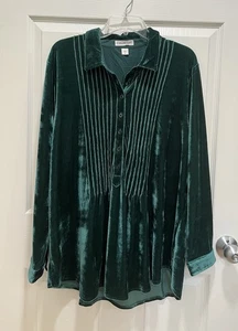 COLDWATER CREEK Green Velvour Popover Top Women 2X Pintuck Long Sleeve - Picture 1 of 8