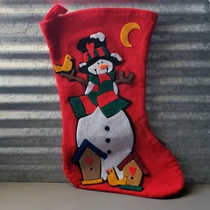 Christmas Stocking Red Snowman Birds Birdhouses Felt Applique Embellished 15” - Picture 1 of 3