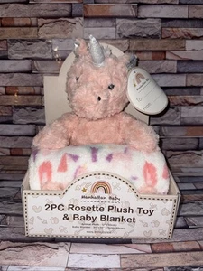 Manhattan Baby 2 Pc Rosette Plush Animal Toy Pink Unicorn & Baby Blanket - Picture 1 of 12