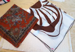 2 Vtg Sally Gee Silk Rayon Lg Scarves White Brown Flower 29"x28" Red Print Poly - Picture 1 of 5