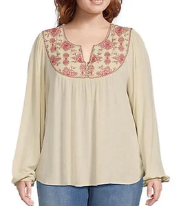 Nurture Floral Embroidered V-Neck Long Ballon Sleeve Peasant Blouse Women’s 1X - Picture 1 of 10