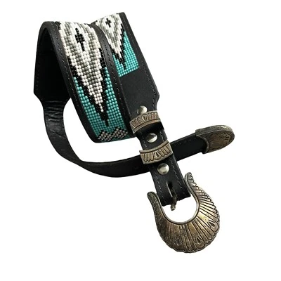Beaded Leather Belt Black Small Womens Sterling Buckle 4pc Southwest Embossed - Image 1 of 4