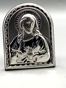 Small Silver Wooden Picture Plaque Jesus Christ With Heart Wall Hanging/Standing - Picture 1 of 12
