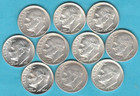 Lot of 10 Mixed Grade 90% Silver Roosevelt Dimes km195- See Scans