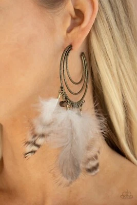 Paparazzi  Brown Free Bird Brass Feather Earrings hoops new release 2021  - Image 1 of 2