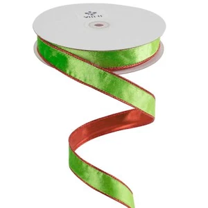 Lime Green and Red Velvet Christmas Ribbon 1 Inch Thin Velvet Wired Ribbon 25... - Picture 1 of 9