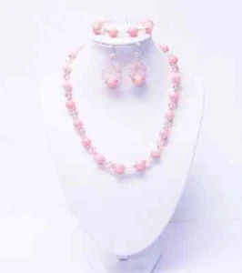 Pink Dyed Quartz w/Pink Faceted Glass Bead Choker Necklace/Bracelet/Earrings - Picture 1 of 10