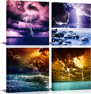 Lightning Seascape Wall Art Stormy Sea Ocean Wave Picture Prints on Canvas Natur - Picture 1 of 12