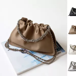Small Real Leather Ruched Clutch Pouch Purse Tote Shoulder Bag Crossbody Chains - Picture 1 of 20
