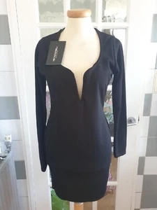 Womens Black PrettyLittleThing Long Sleeve VBar Plunge Bodycon Dress - 12UK - Picture 1 of 8