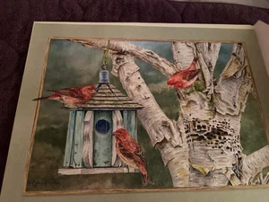 Purple Finches Birch Birdhouse - fine art print by Jane Shasky 9" X 12" NEW - Picture 1 of 1