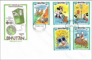 Pluto Minnie Mouse Morty Ferdie Disney History Communication Set Bhutan FDC 1984 - Picture 1 of 1