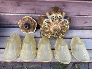VINTAGE ART DECO 5 SLIP GLASSCHIRME KRONLEUCHTER LEUCHTE MARKEL - Bild 1 von 11