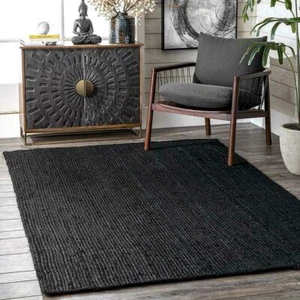 Teppich 100% Natur Jute Flecht Stil Schwarz Teppich Wendeteppich Modern Vorleger - Bild 1 von 12