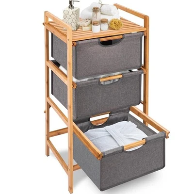 SereneLife 3 Tier Bamboo Shelf w/ Storage Hamper-Laundry Organizer Cabinet - Image 1 of 4