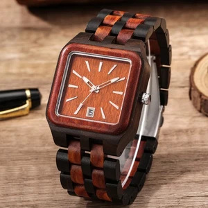 Reloj clásico vintage de cuarzo analógico para hombre muñeca de madera esfera cuadrada fecha - Imagen 1 de 17