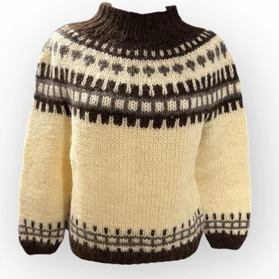 Vintage Icelandic Lopapeysa Wool Sweater Álafoss Lopi Yoke Cream Brown M - Image 1 of 4