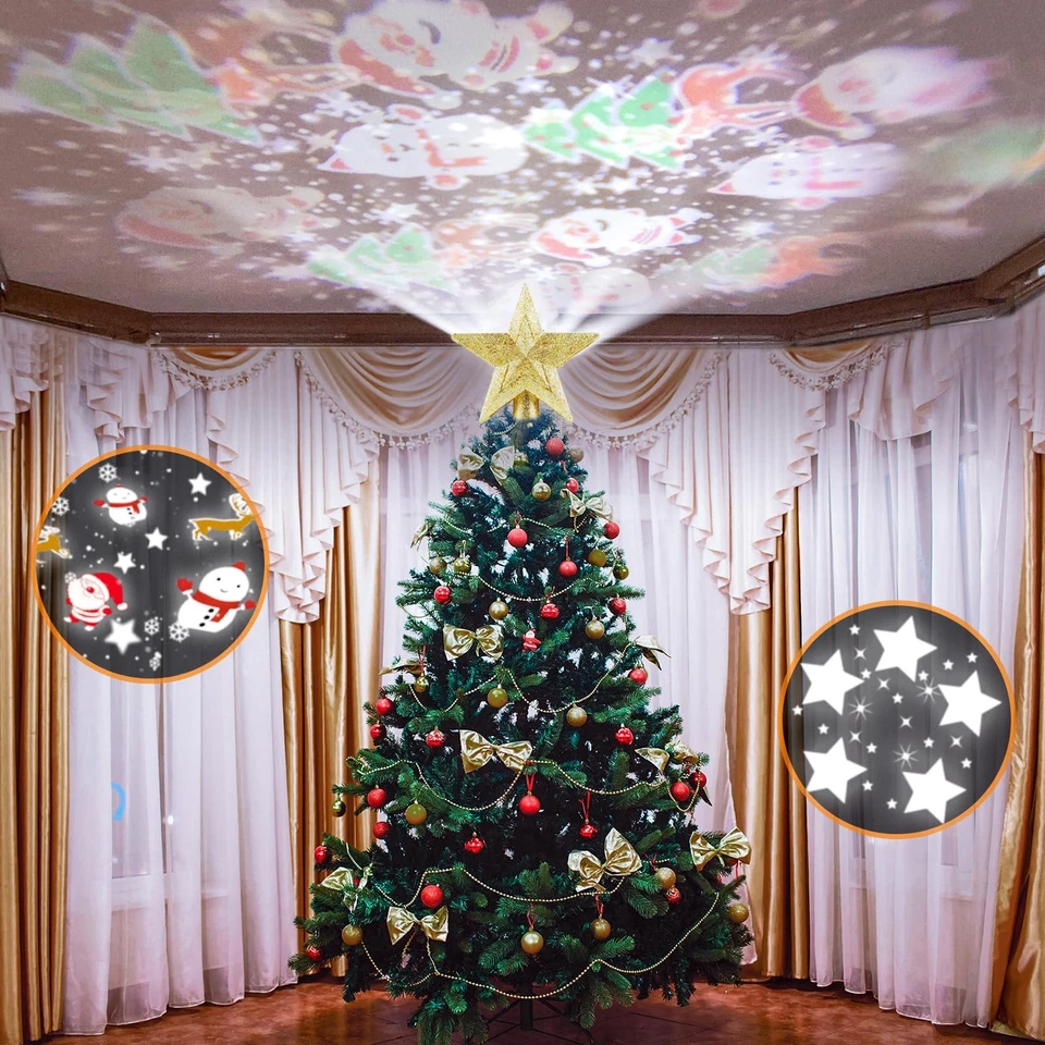 VIVK Christmas Star Tree Topper Projector Golden Star with Rotating Projector