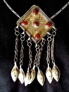 COLLAR COLGANTE TRIBAL ANTIGUO TURCOMANO CORNALINA Y PLATA - Imagen 1 de 3